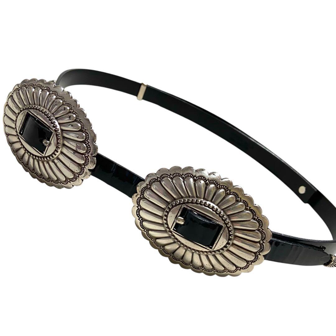 トーガプルラ★ダブルバックルベルト コンチョベルト 本革 レザー エナメル 黒