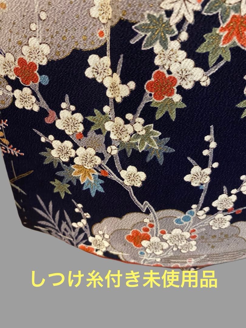 未使用小紋　御所車風景花紋　金彩入り　身丈裄長　正絹　おしゃれ着に！