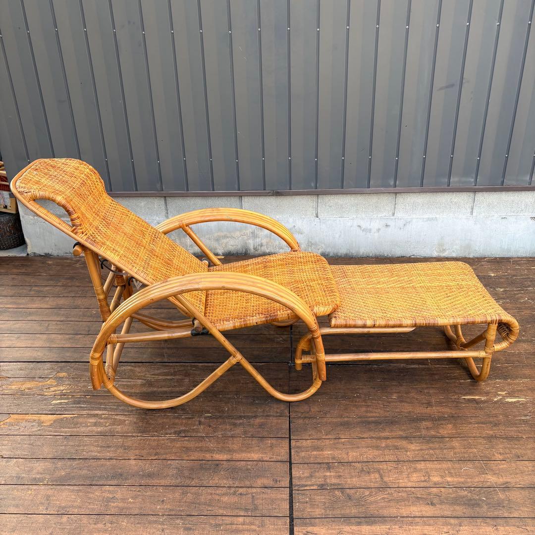 昭和レトロ ラタンリクライニングチェア オットマン付き 1人掛けソファー籐家具