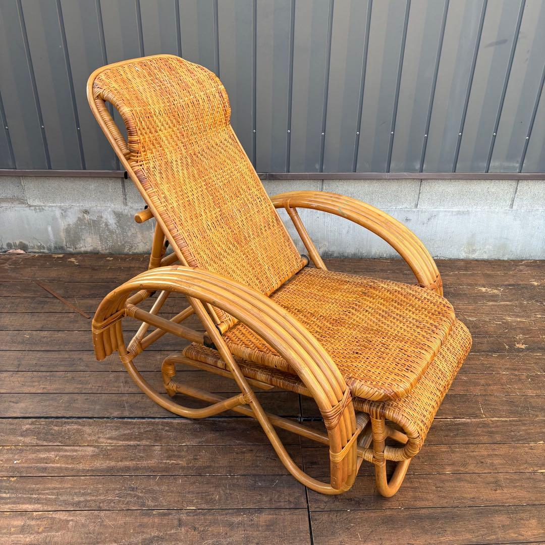 昭和レトロ ラタンリクライニングチェア オットマン付き 1人掛けソファー籐家具