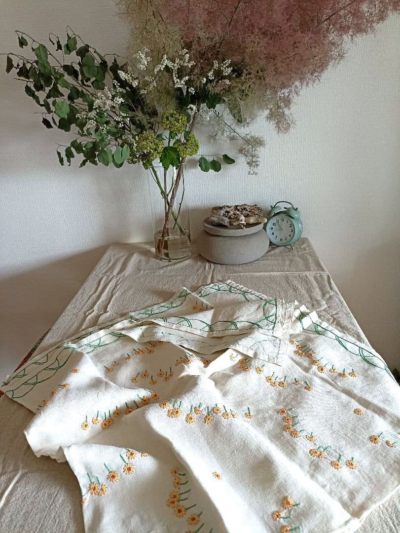 フランス 大判 テーブルクロス リネン 刺繍 花 麻 ベージュ ヴィンテージ