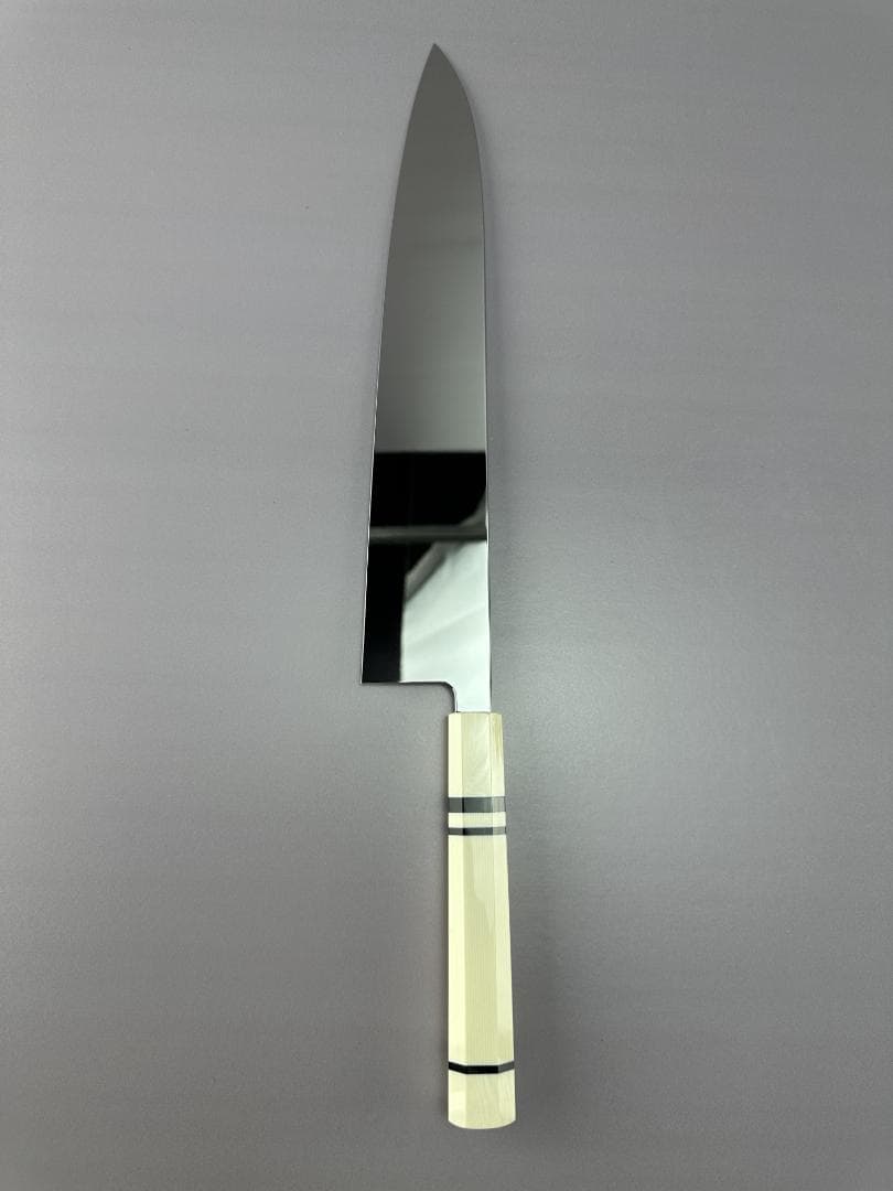 5520 特大牛刀 尺一 ウルトラ鏡面仕上げ 刺身包丁 人工象牙黒三本巻八角柄