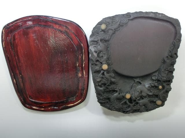 硯■端州石硯 端渓硯 龍彫刻 中国硯 竜紋 蓋付き 書道道具 時代物 骨董品■