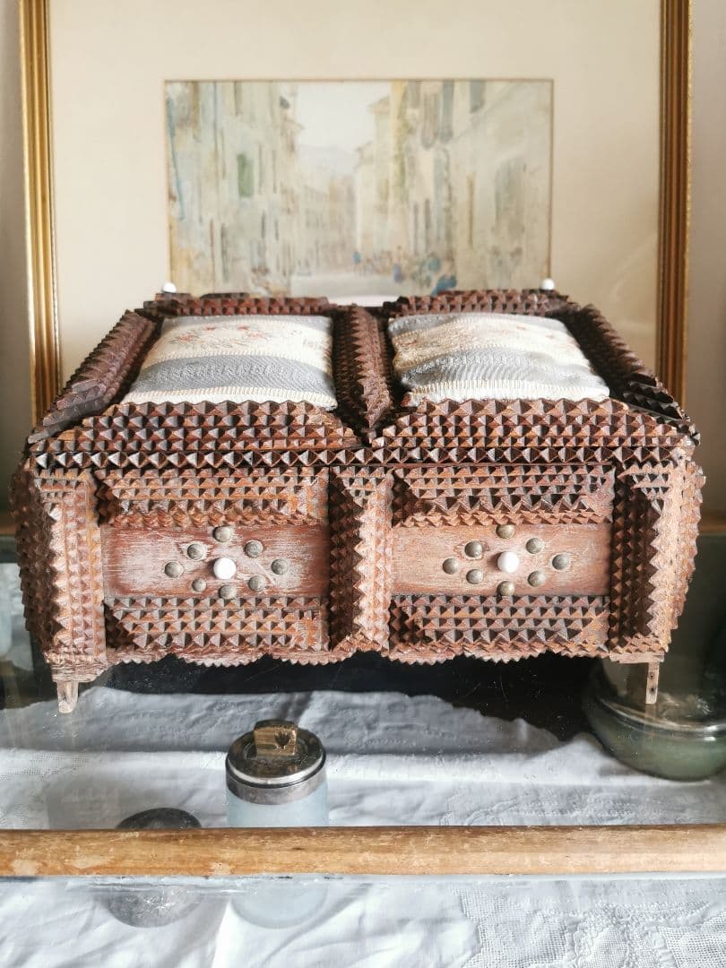 アンティーク トランプアート 木工レース細工ボックス 針箱 フレンチファブリック