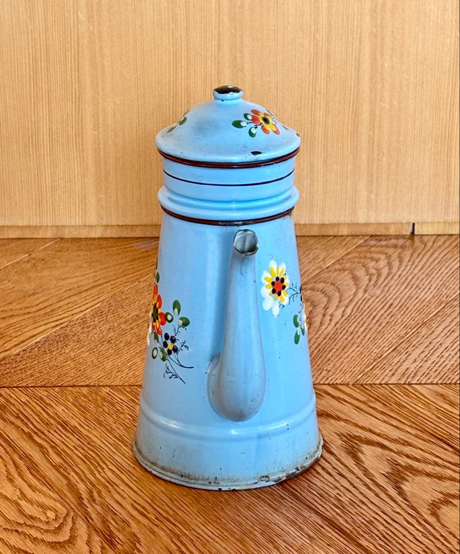 フランスアンティーク ホーローコーヒーポット ブルー 手描きのお花