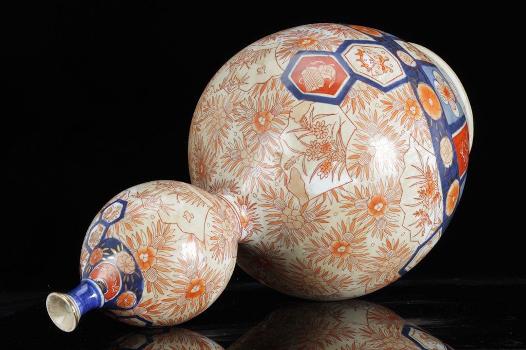 古伊万里 瓢箪形大花瓶 吉祥文 赤絵金彩 染錦 飾壺 大徳利50㎝ 古美術 骨董