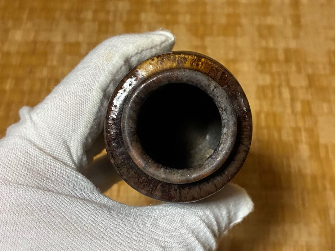 古陶器 飴釉 円筒形 茶入 木箱入 印あり 煎茶道具