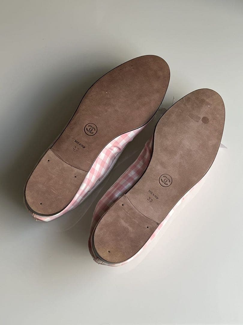 CHANEL シャネル　ギンガム　チェック リボン　フラットシューズ　バレリーナ