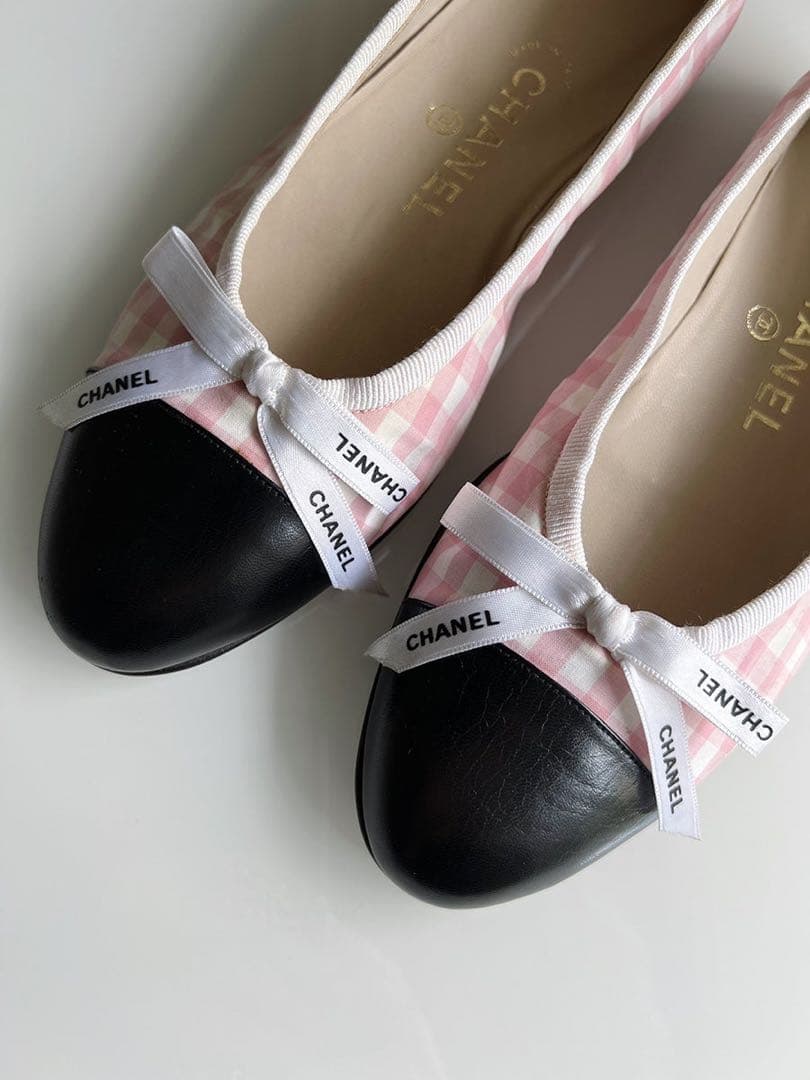 CHANEL シャネル　ギンガム　チェック リボン　フラットシューズ　バレリーナ