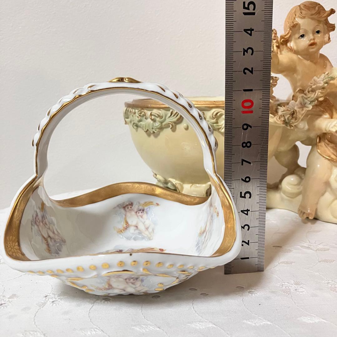 イタリア製 天使 エンジェル アンティーク調 置物 小物入れ／陶器製 バスケット