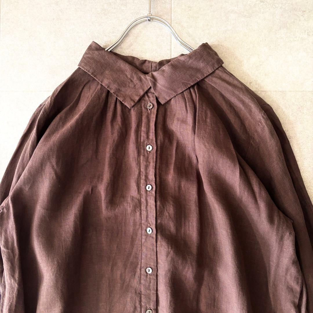 極美品✨️ネストローブ リネン100%ギャザー長袖シャツ F 茶色 貝ボタン
