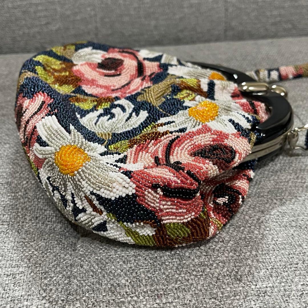 総ビーズ　ハンドバッグ 花柄　ビーズ刺繍 和装 がま口