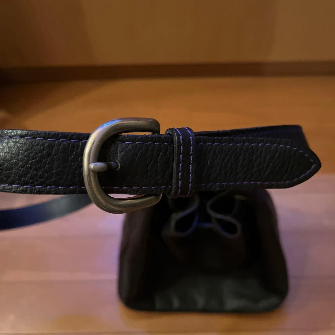 KENZO 黒 レザー ショルダーバッグ 巾着 紫ステッチ