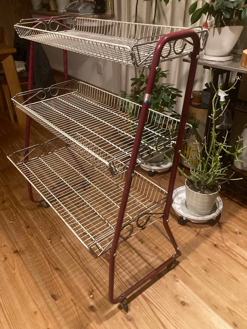 昭和レトロ　ワイヤーラック3段仕様　キャスター付ガーデニング　シャビーラック14