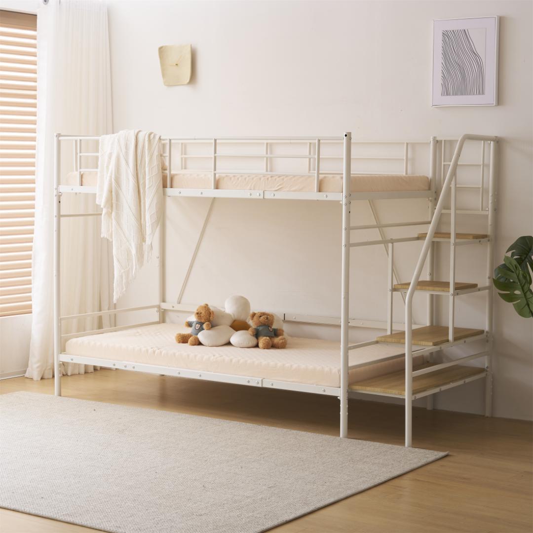 【マットレス2個付】Sロフトベッド 階段付きパイプベッド シングル 収納スチール