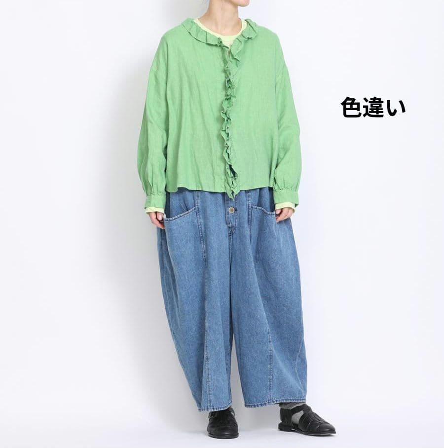 ツムグ／立体フリル リネンブラウス ライトブルー サックス 長袖 フリルシャツ