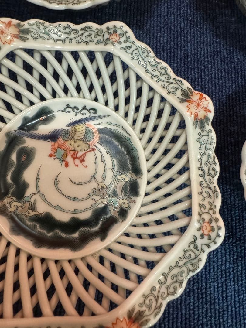 1601  希少　深川製磁 透かし皿 鳳凰文　菓子器  4客