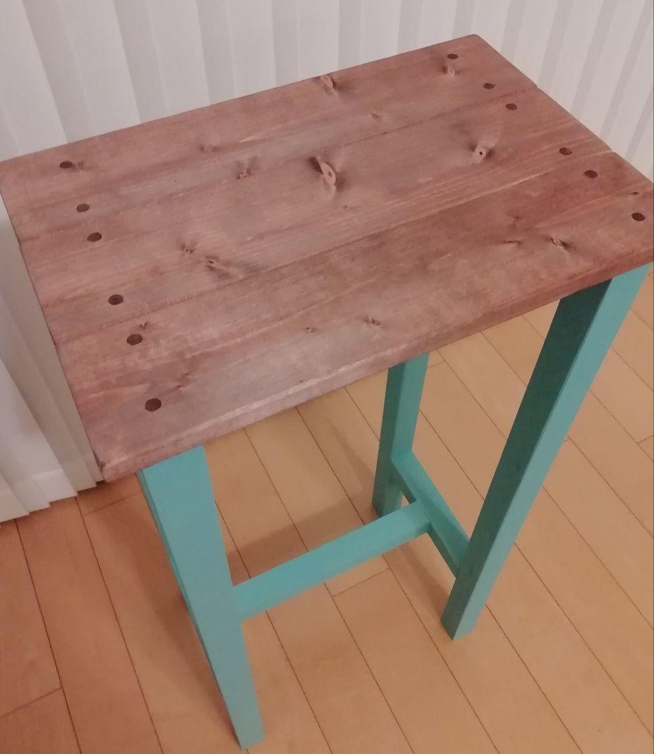 ハンドメイドテーブル/ハイテーブル/シェルフ/ミストグリーン【送付込み】