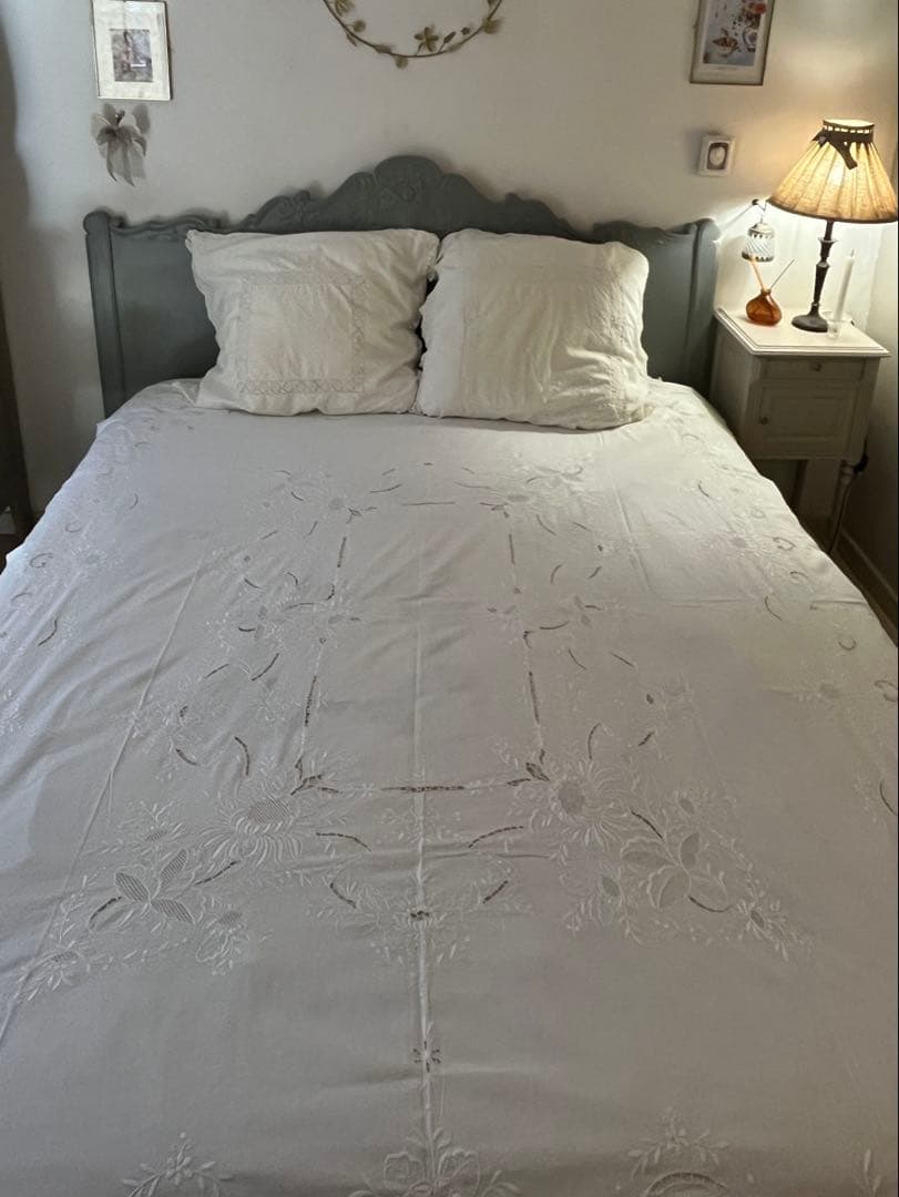 ◆フランス刺繍｜大判マルチクロスBベッドカバースプレッド白テーブルクロス草花