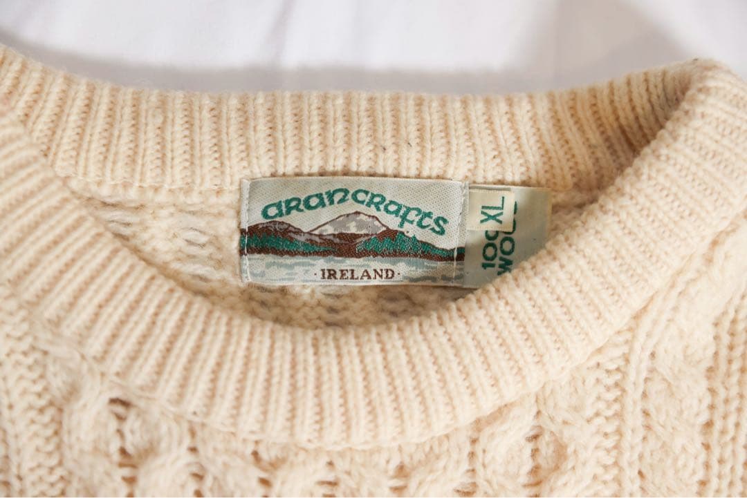 アイルランド製 アランクラフト ウールニット フィッシャーマン XL アイボリー