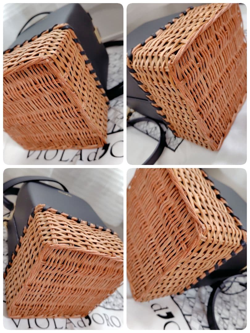 極美品　ヴィオラドーロ　ラタン　カゴバッグ　イタリアンスプリットレザー　ブラック