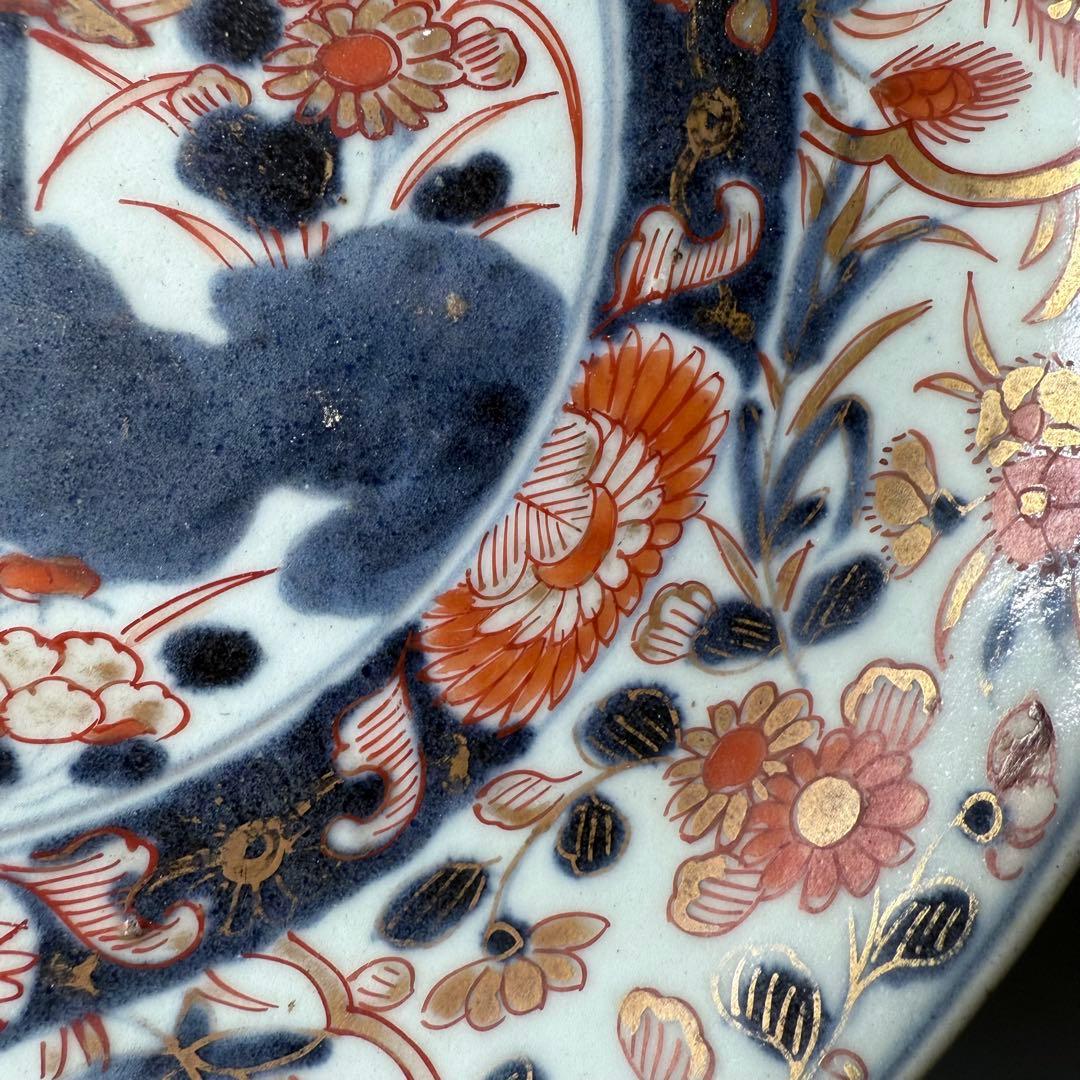 元禄伊万里　色絵花鳥図七寸皿　建築物　金蘭手　赤絵　裏椿文　状態◎　蒐集家旧蔵品