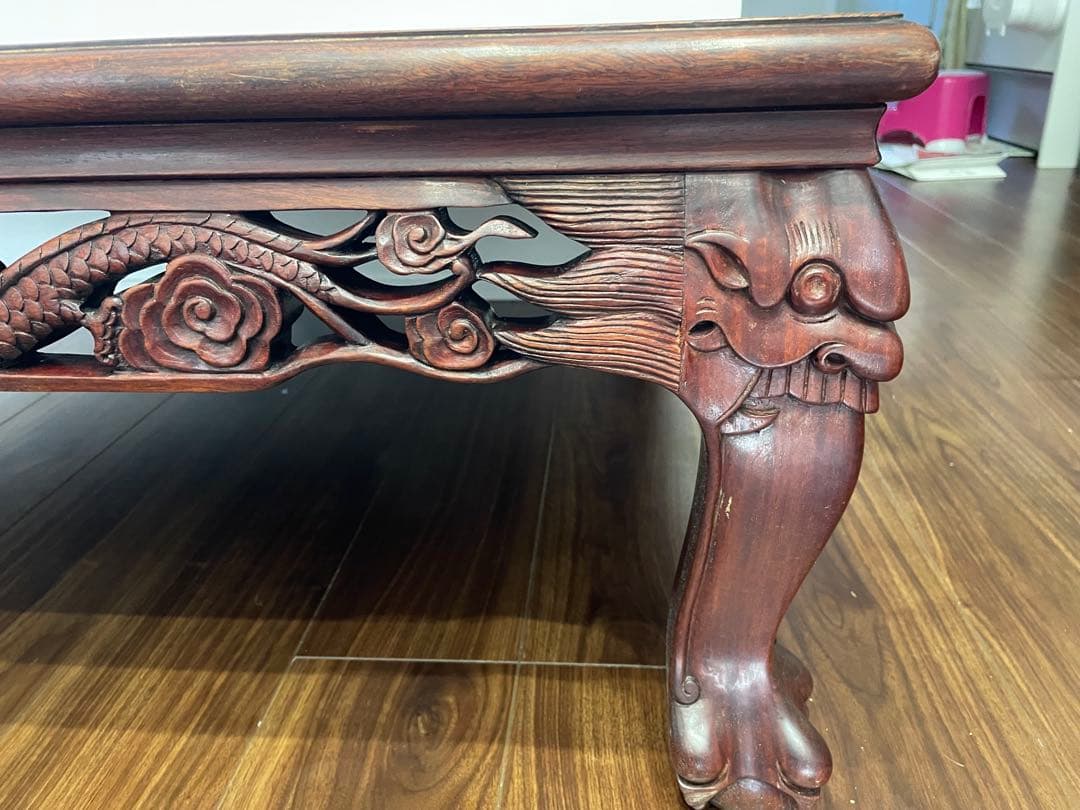 高級唐木　獅子龍彫刻付漆仕上長座卓　150cm幅テーブル一枚板 たのメル便‼️