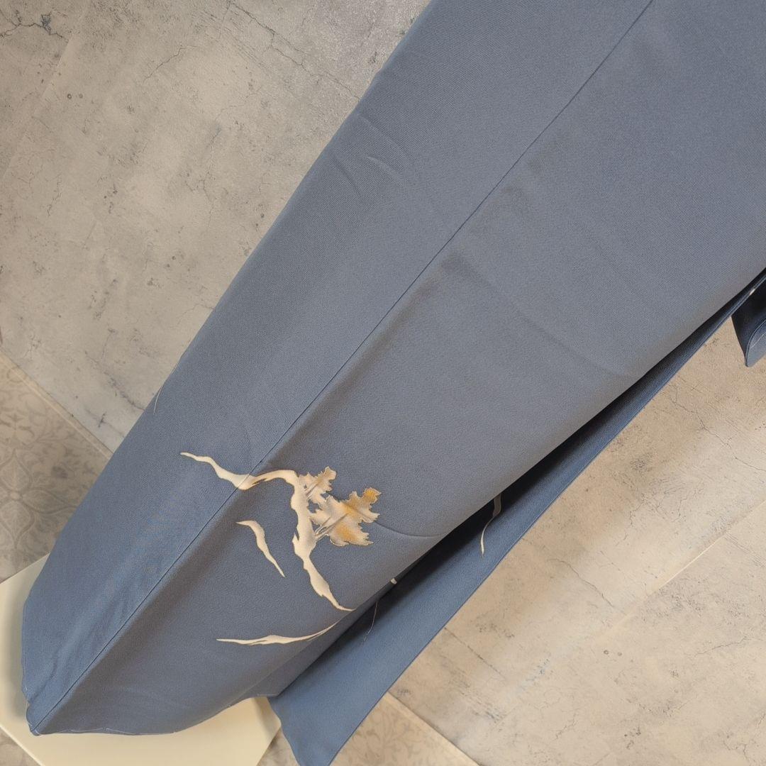 訪問着　フルセット　着物　正絹　落款　山　Sサイズ　青　金彩　しつけ糸　F9