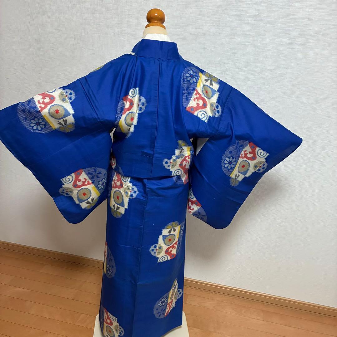 【極美品】【銘仙】【単衣】身丈157 ロイヤルブルー 幾何学丸紋 トールサイズ
