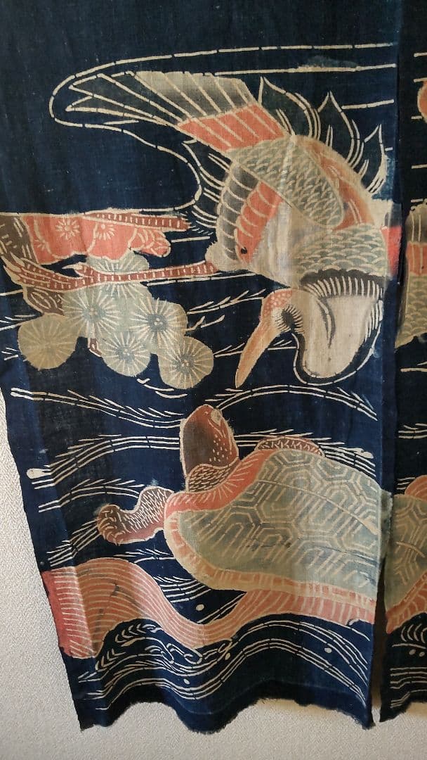 古布 万祝 まいわい アンティーク 筒がき 骨董 鶴 亀 襤褸 型染 大漁 希少