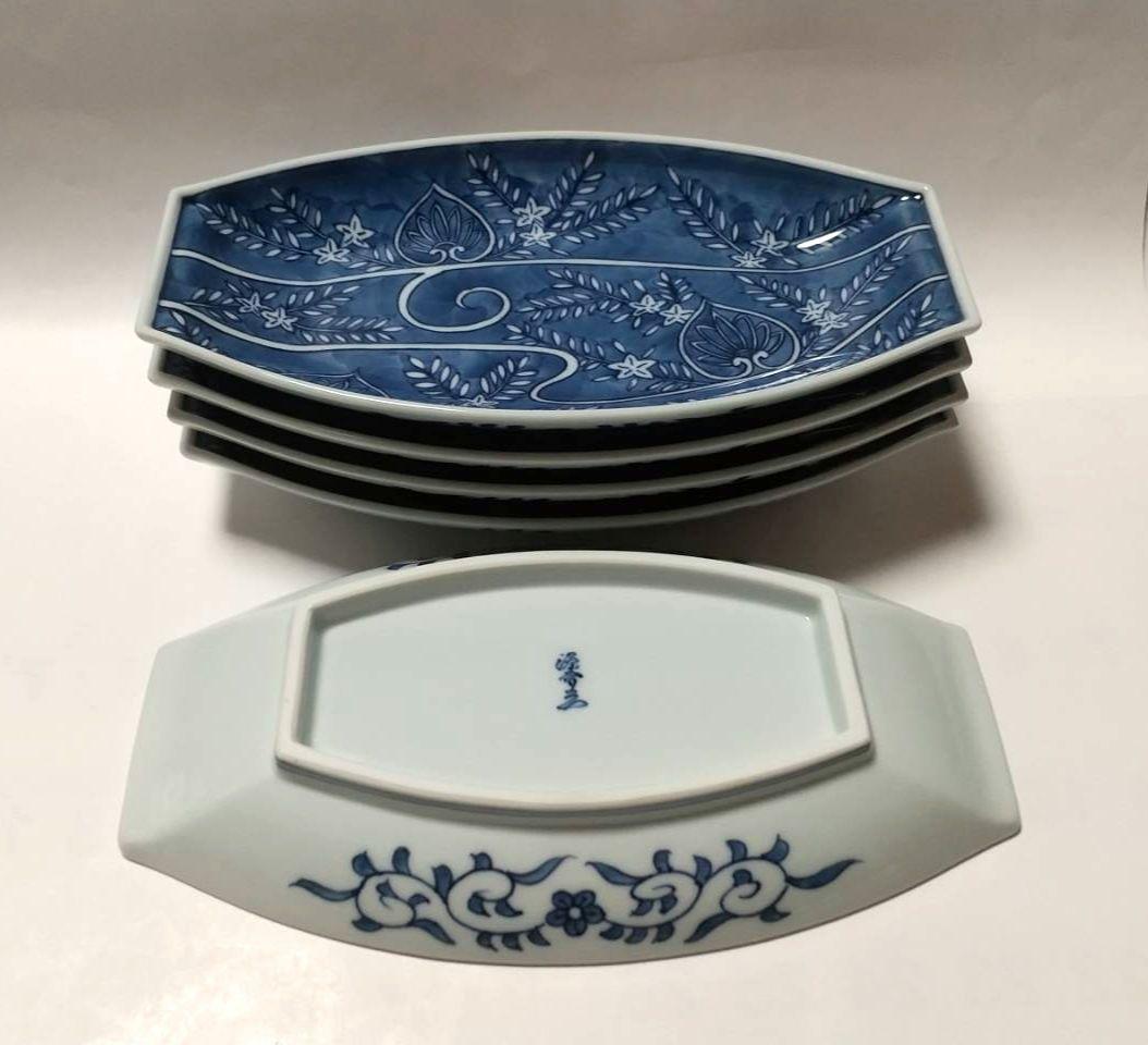 源右衛門窯 染付 流水絵 舟形 皿 5枚組 未使用品