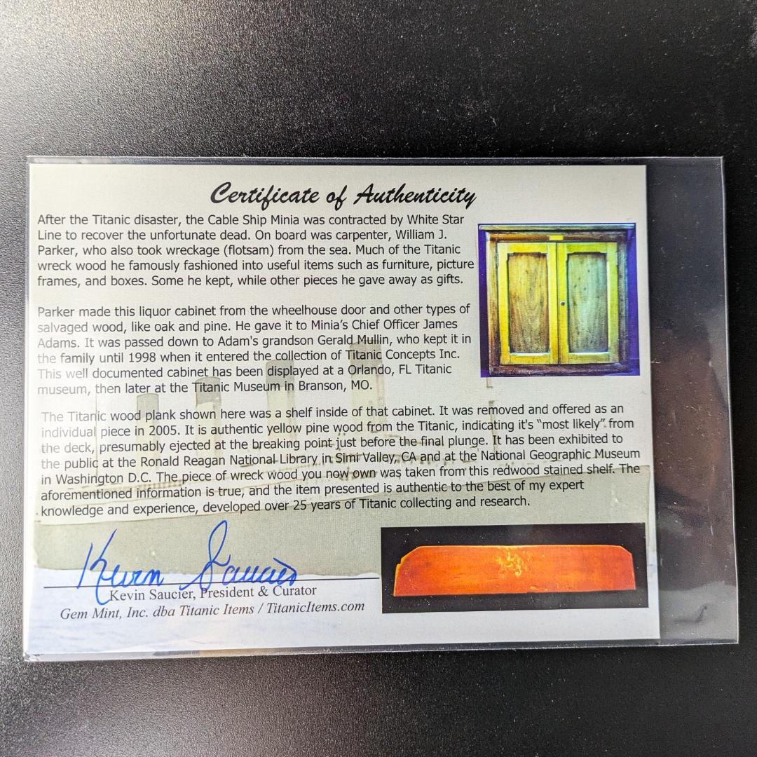 【本物】タイタニック号 甲板の木片 鑑定書付 1912年 遺体収容船回収品 希少