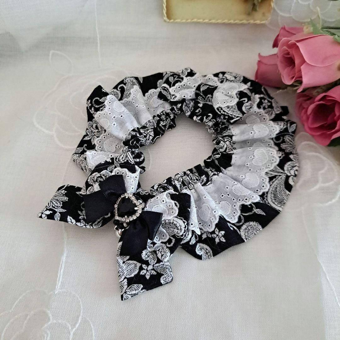 幅広シュシュ(ブラックフラワー)わんちゃん猫ちゃん用