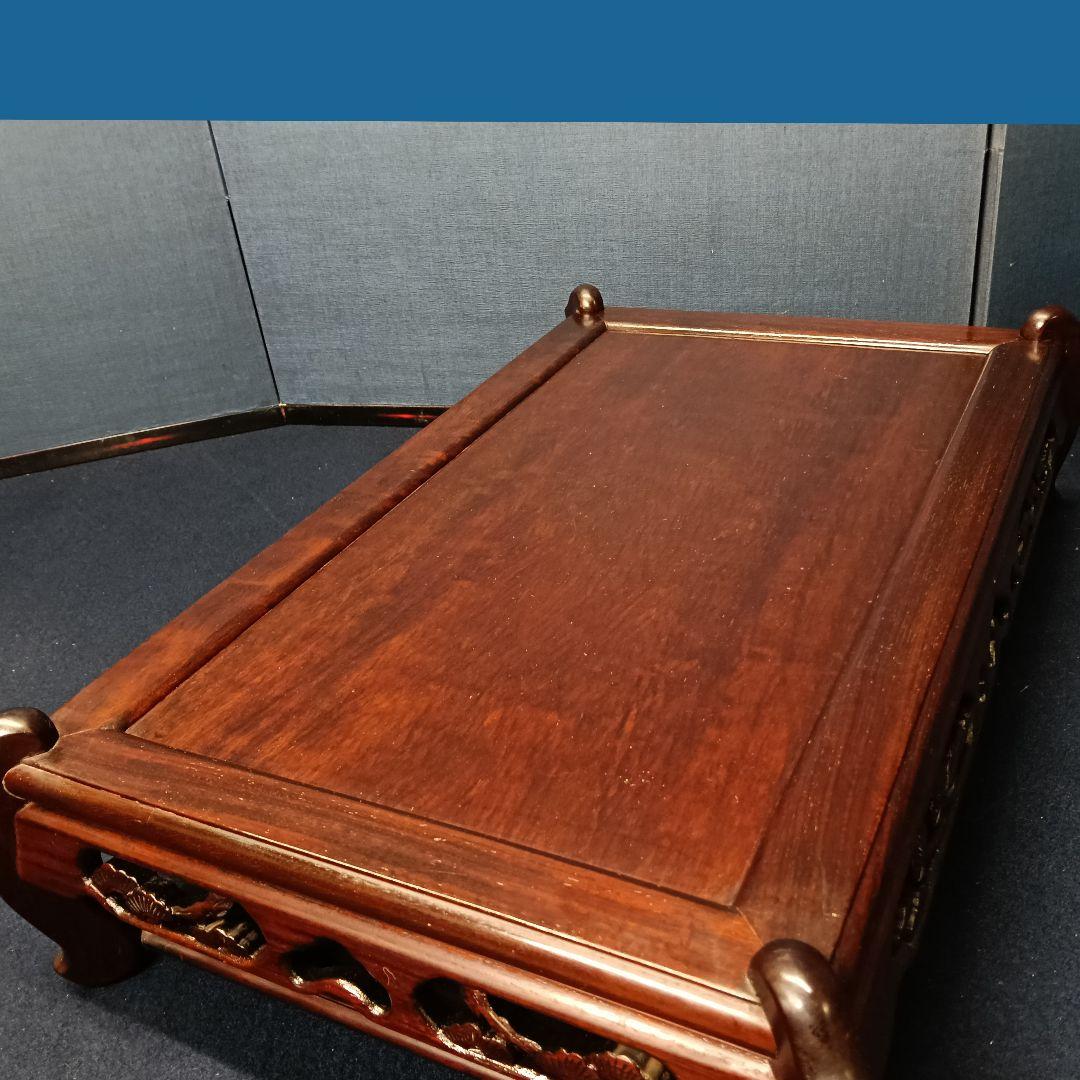 AO35 天然木 唐木 平卓 花台 盆栽台 飾台 透し彫り 松図 壹