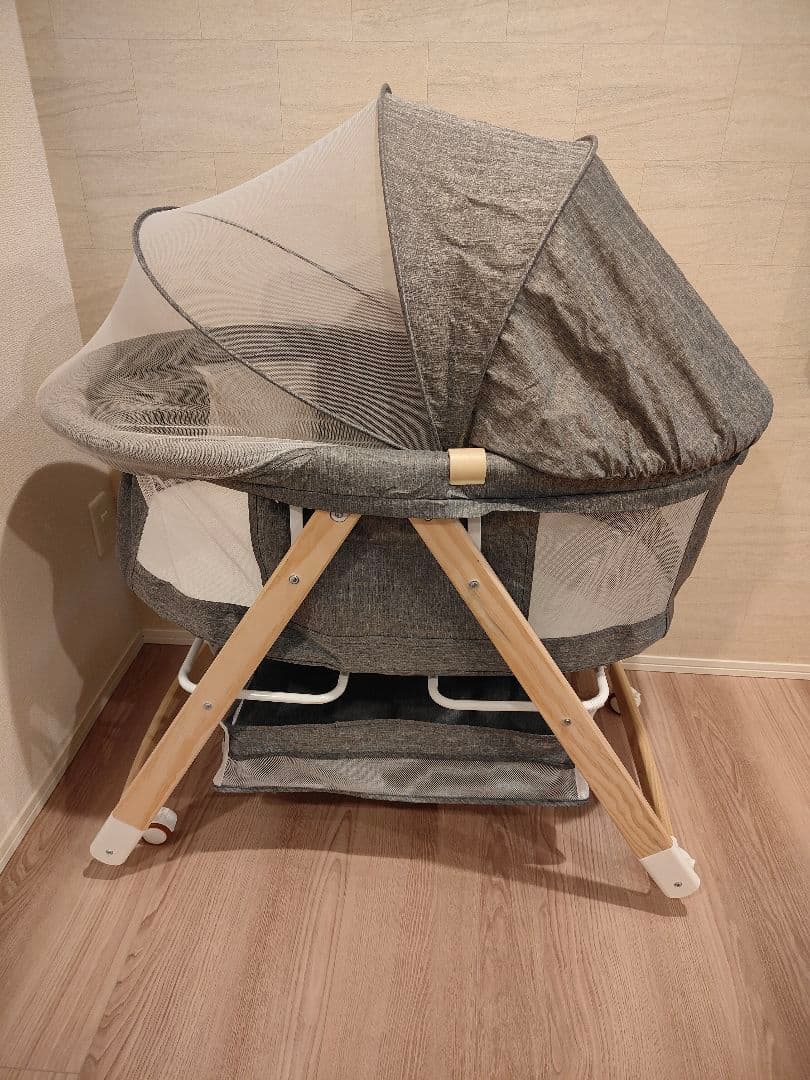 【美品】折り畳みミニベビーベッド グレー