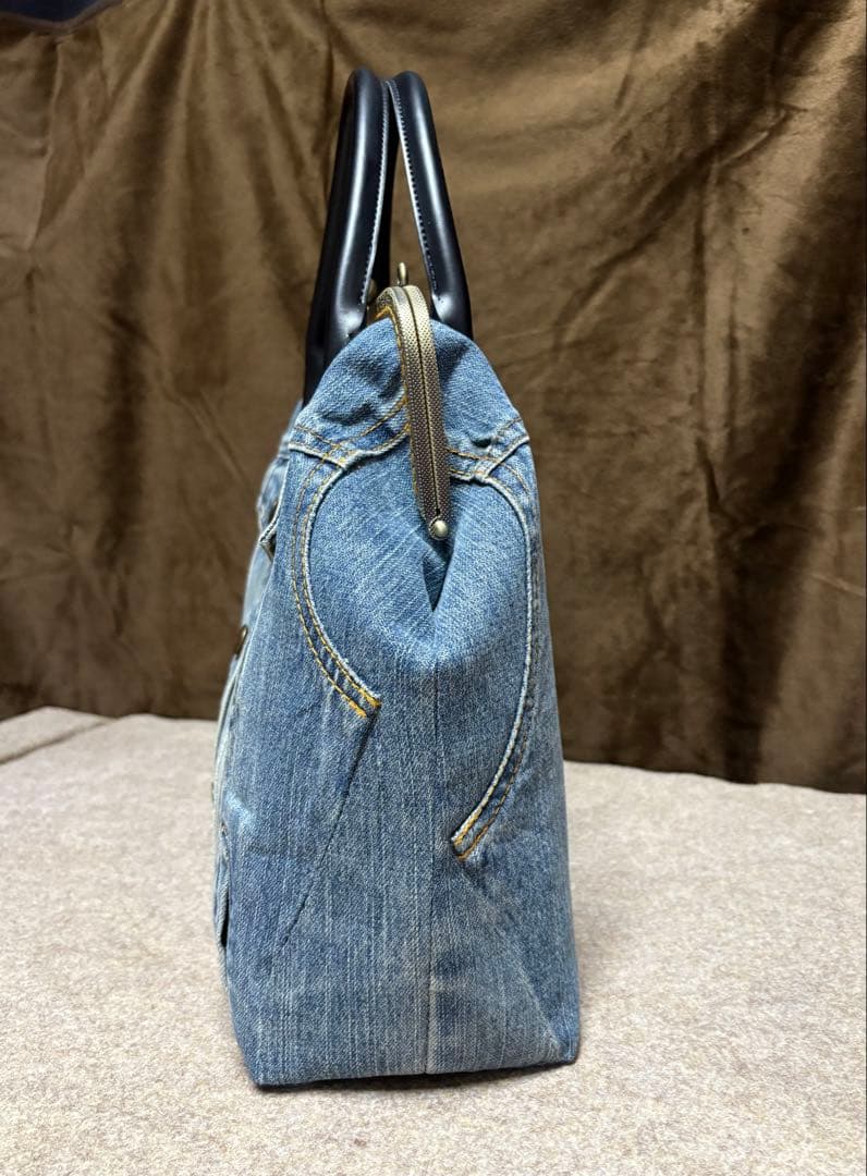 ゆら様 大きめ口金30cmデニムリメイクがま口バッグ 市松ブラウン がま口長財布