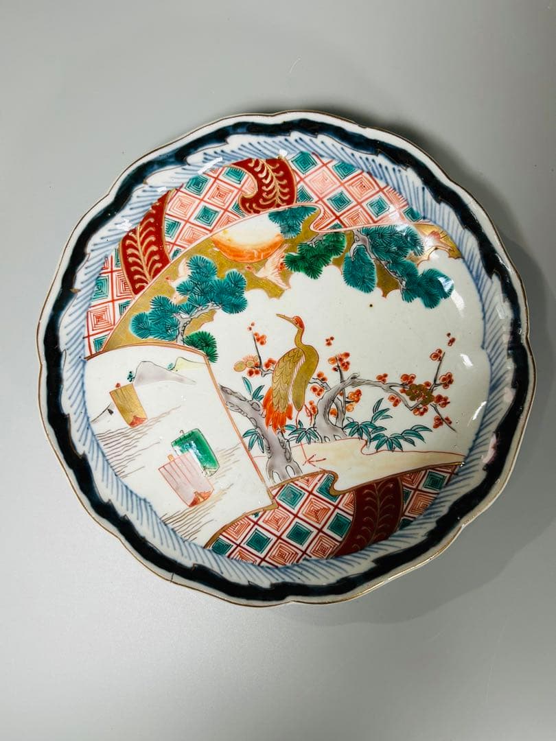 古伊万里　色絵　金襴手　松竹梅　鶴　輪花　七寸皿　5枚　21.5㎝　窓絵　帆舟