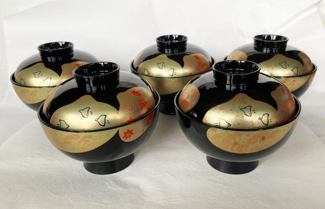 吸物椀 金貝合わせ 千鳥と紅葉 丸型高千才椀 黒塗 漆塗 5客 雑煮椀 おせち