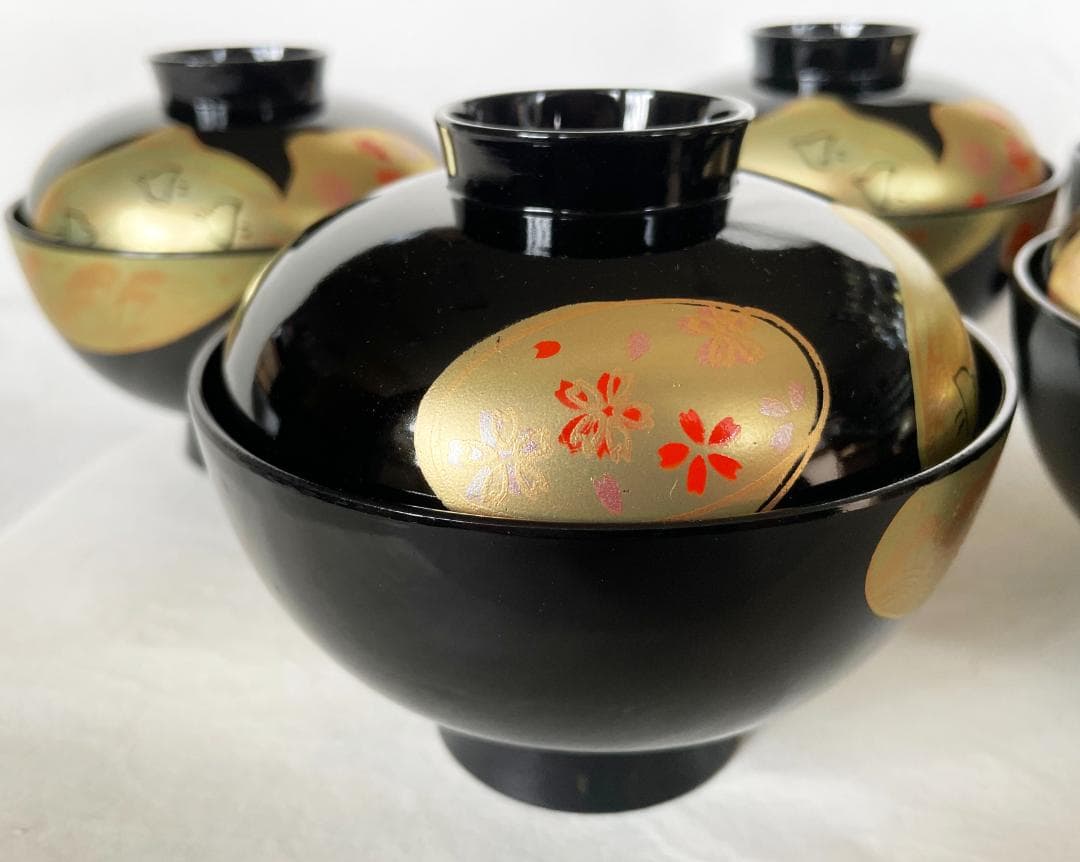 吸物椀 金貝合わせ 千鳥と紅葉 丸型高千才椀 黒塗 漆塗 5客 雑煮椀 おせち