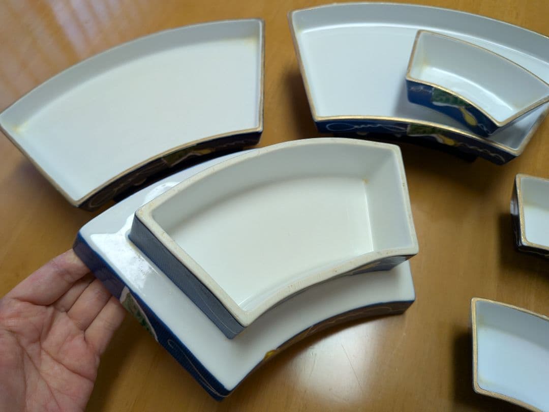 有田焼 昭栄作 扇面皿(半月皿)+のぞき8枚セット/高皿でおしゃれ