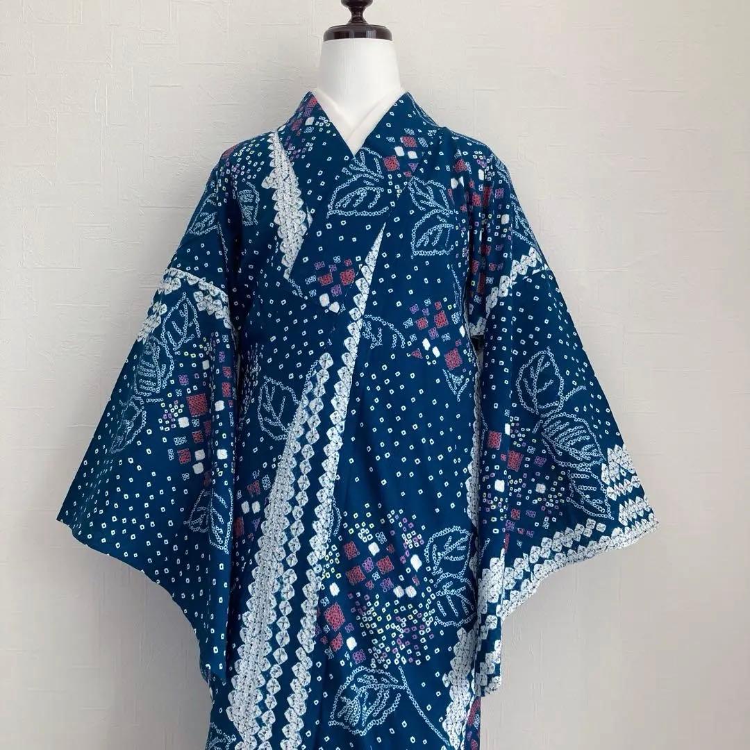 有松絞り浴衣・蜘蛛絞り　青緑　紫陽花　手縫い　絞り浴衣　裄70cm No7-15