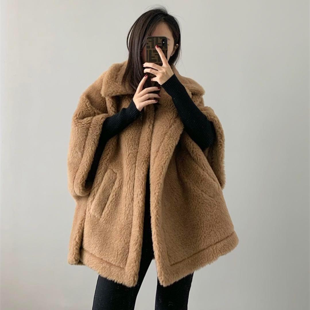 新品未使用 ベアポンチョ　アルパカ素材 ライトブラウン テディベア ケープ