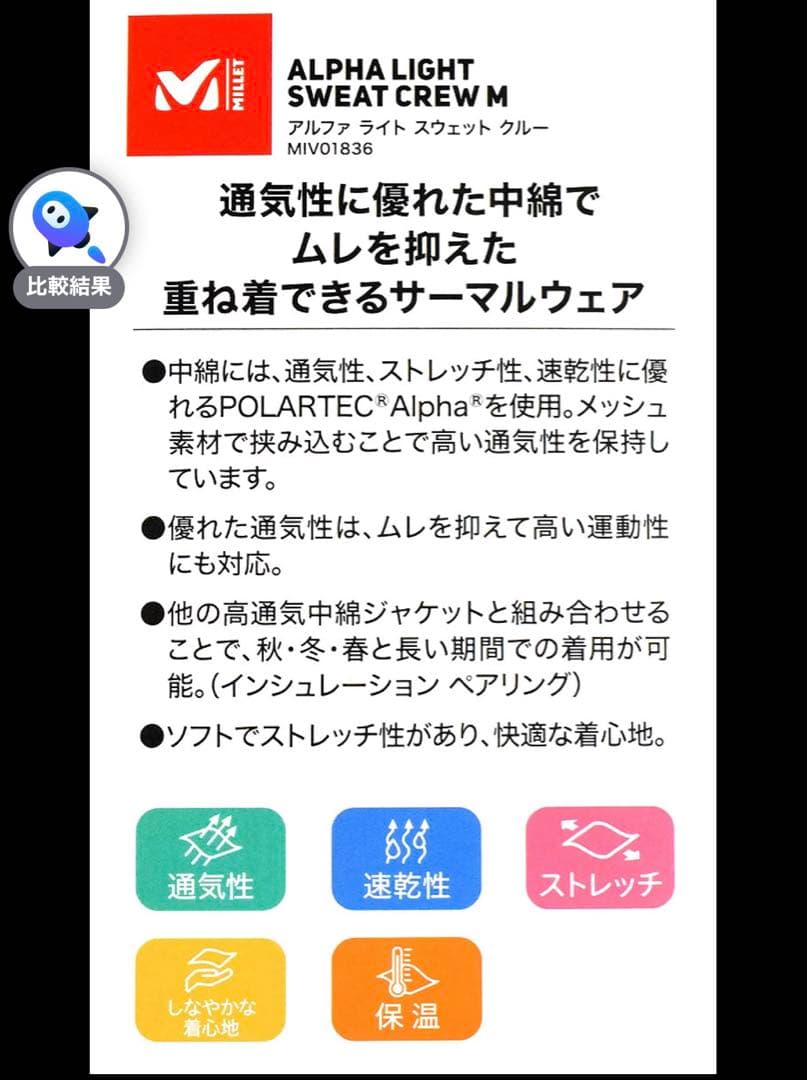 MILLET ミレー　アルファライト スウェットクルー　ブラック