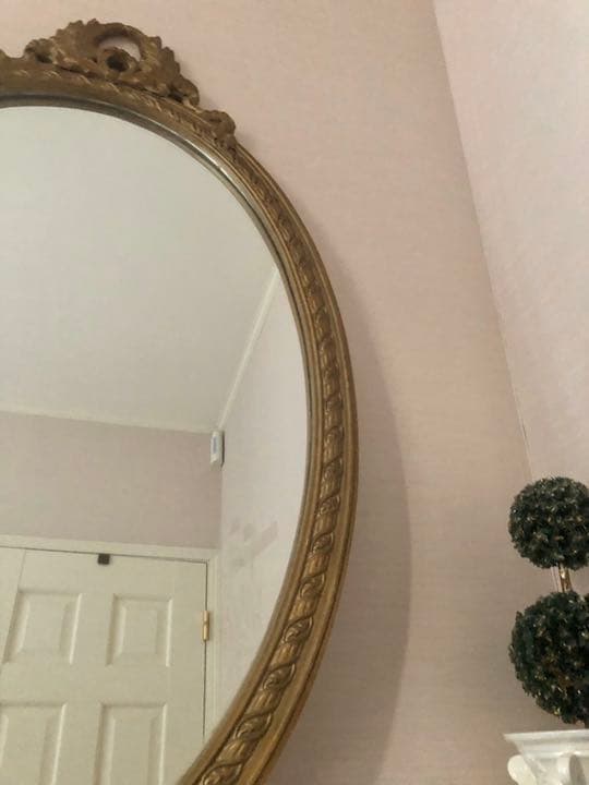 フランスアンティーク　大きなリボン&リース装飾ミラー　金ゴールド