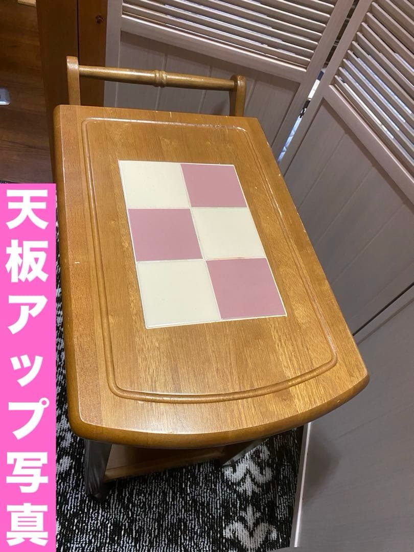 木製キッチンワゴン♦️タイル天板 チェッカー柄♦️ホワイト×ピンク♦️送料込