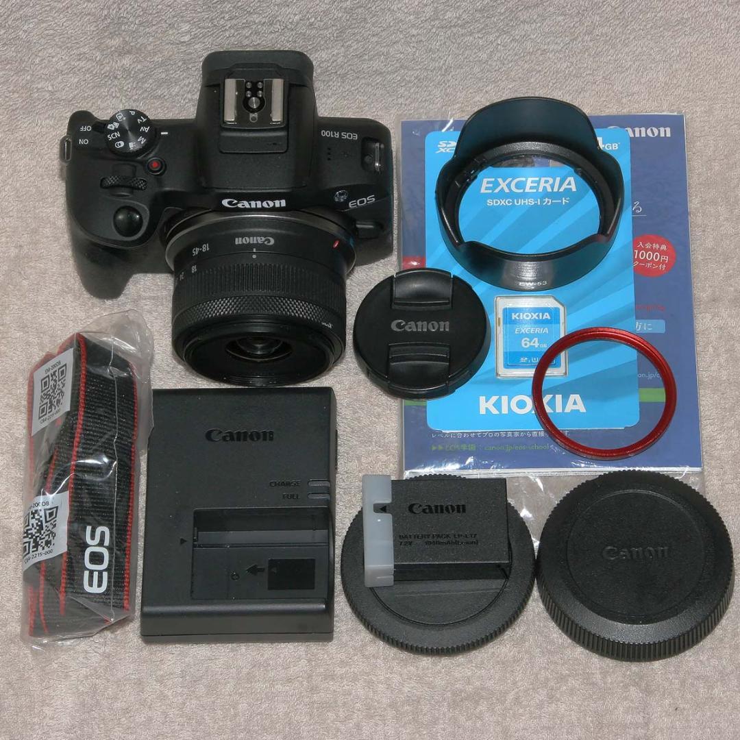 【送料無料】Canon EOS R100、レンズ・フード・SDカード付