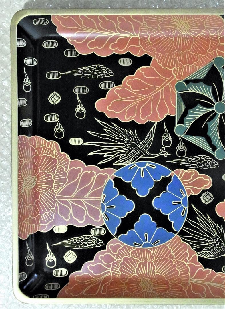 【未使用】金装飾＜黒＞13.0 皿形長手盆　錦絵　木製本漆塗　白木屋漆器店