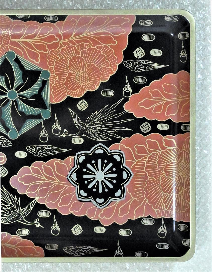 【未使用】金装飾＜黒＞13.0 皿形長手盆　錦絵　木製本漆塗　白木屋漆器店