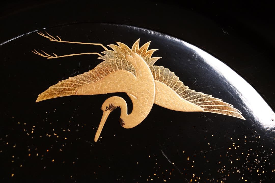 MA218 時代漆器 松竹梅鶴金蒔絵 縁唐草 黒塗 大徳寺盆 二客 菓子盆 木皿