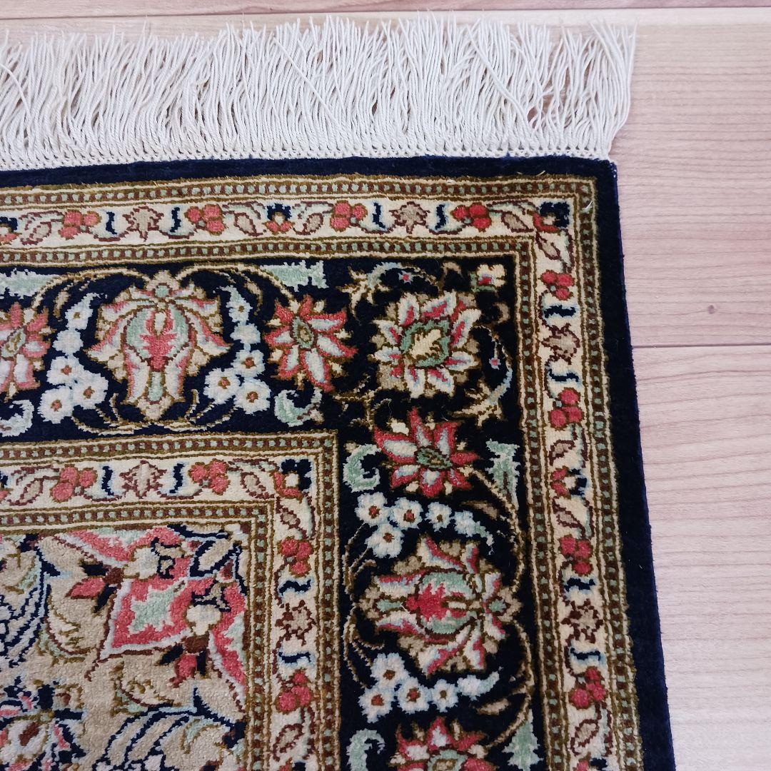 Y3283 高級ペルシャ絨毯 クム産 工房サイン シルク100% 手織り